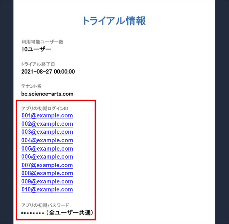 トライアルご利用開始メールの確認